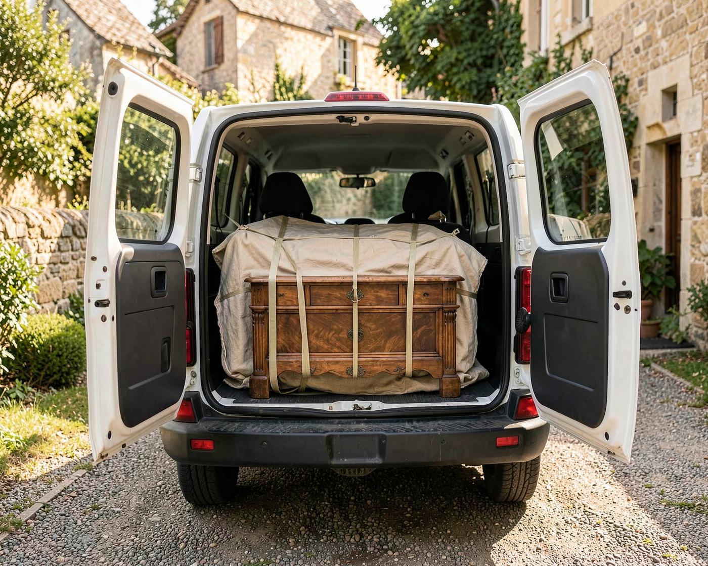 Meuble ancien emballé et sanglé dans l'utilitaire LaPeauNeuve pour la collecte à domicile